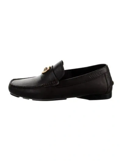 Pre-owned Versace Medusa Insignia Leather Dress Loafers In Black