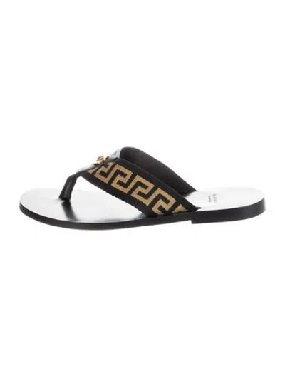 Pre-owned Versace Medusa Insignia Leather Flip Flops In Black/blue