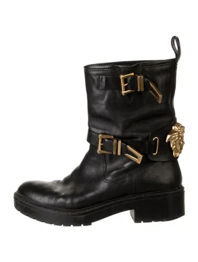 Pre-owned Versace Medusa Insignia Leather Moto Boots In Black