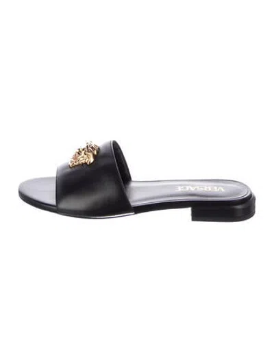 Pre-owned Versace Medusa Insignia Leather Mules In Black