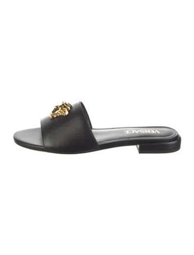 Pre-owned Versace Medusa Insignia Leather Slides In Black