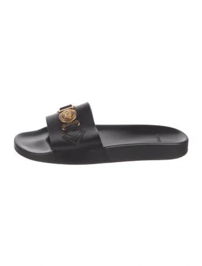 Pre-owned Versace Medusa Insignia Leather Slides In Black
