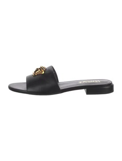 Pre-owned Versace Medusa Insignia Leather Slides In Black