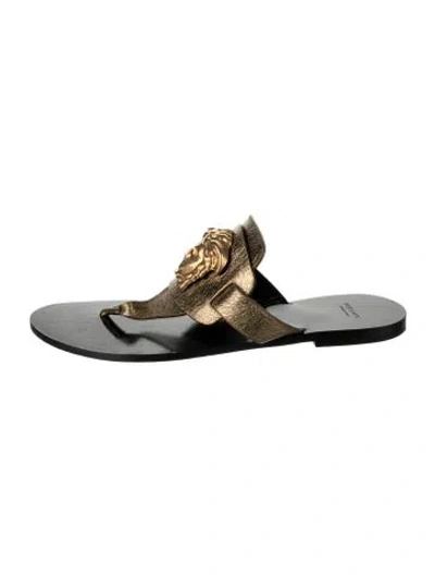 Pre-owned Versace Medusa Insignia Leather Slides In Black/gold