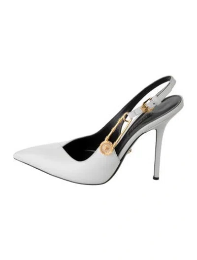 Pre-owned Versace Medusa Insignia Leather Slingback Pumps In Gold/white