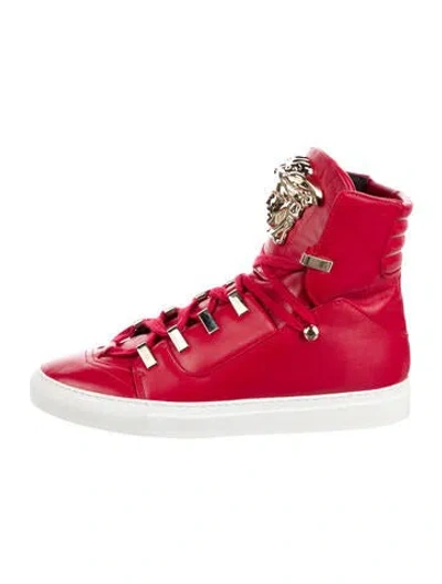 Pre-owned Versace Medusa Insignia Leather Sneakers In Red