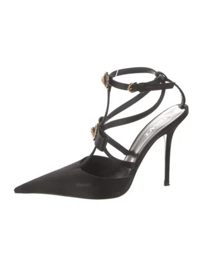 Pre-owned Versace Medusa Insignia Leather T-strap Pumps In Black