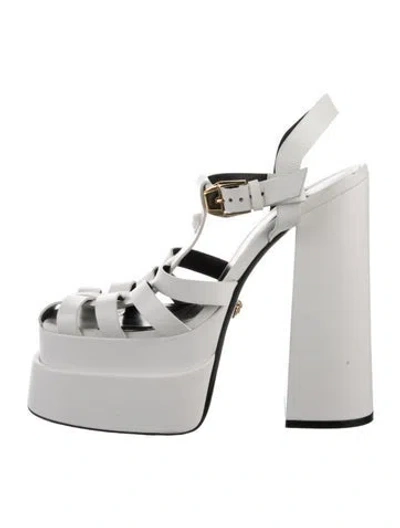 Pre-owned Versace Medusa Insignia Leather T-strap Pumps In White