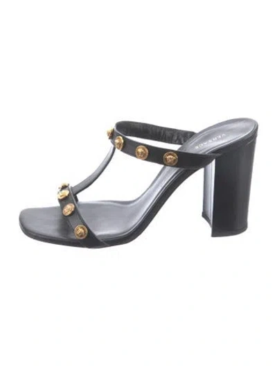 Pre-owned Versace Medusa Insignia Leather T-strap Sandals In Black