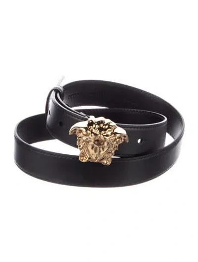 Pre-owned Versace Medusa Insignia Leather Waist Belt In Black