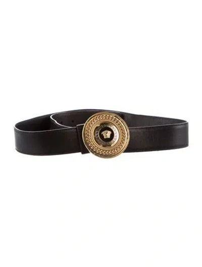 Pre-owned Versace Medusa Insignia Leather Waist Belt In Black