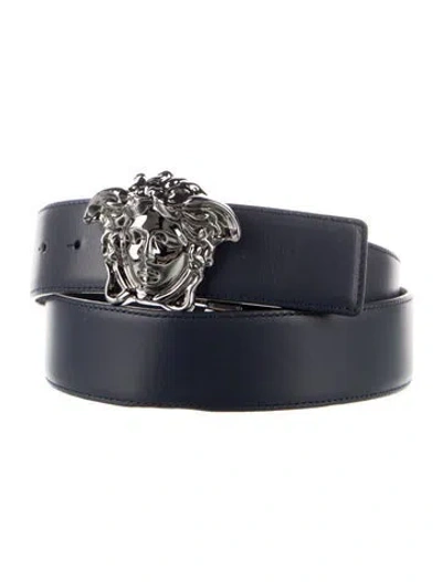 Pre-owned Versace Medusa Insignia Leather Waist Belt In Blue