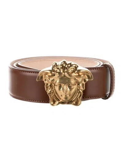 Pre-owned Versace Medusa Insignia Leather Waist Belt In Brown