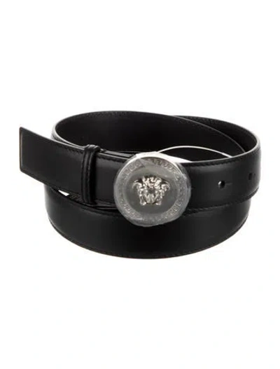 Pre-owned Versace Medusa Insignia Leather Waist Belt W/ Tags In Black