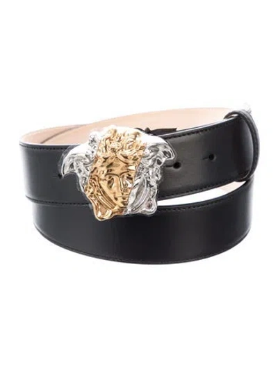 Pre-owned Versace Medusa Insignia Leather Waist Belt W/ Tags In Black