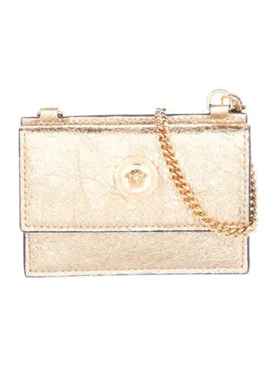 Pre-owned Versace Medusa Insignia Leather Wristlet W/ Tags In Gold