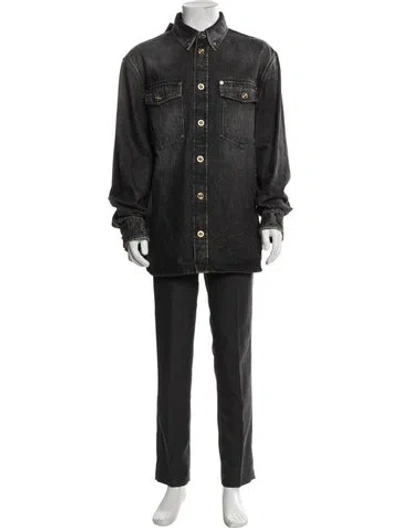 Pre-owned Versace Medusa Insignia Long Sleeve Denim Shirt W/ Tags In Grey