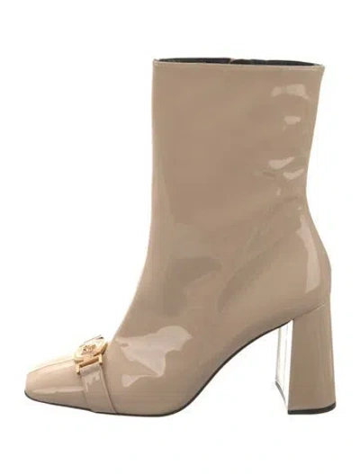 Pre-owned Versace Medusa Insignia Patent Leather Boots In Neutrals