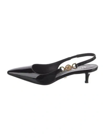 Pre-owned Versace Medusa Insignia Patent Leather Slingback Pumps In Black