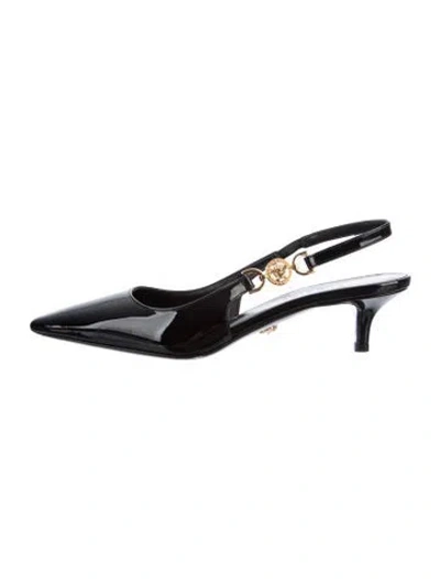 Pre-owned Versace Medusa Insignia Patent Leather Slingback Pumps In Black