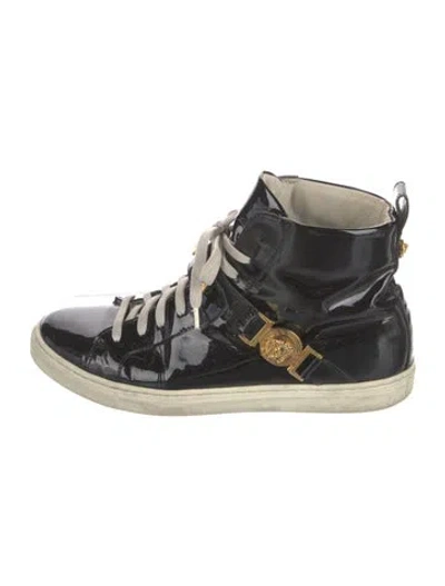 Pre-owned Versace Medusa Insignia Patent Leather Sneakers In Black