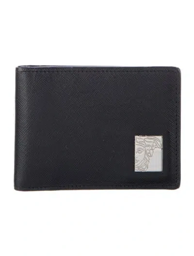 Pre-owned Versace Medusa Insignia Saffiano Leather Bifold Wallet In Black