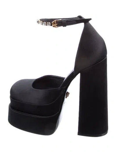 Pre-owned Versace Medusa Insignia Satin Mules In Black