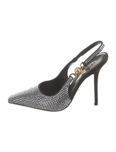 Pre-owned Versace Medusa Insignia Satin Slingback Pumps In Black