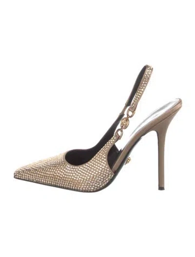 Pre-owned Versace Medusa Insignia Satin Slingback Pumps In Neutral
