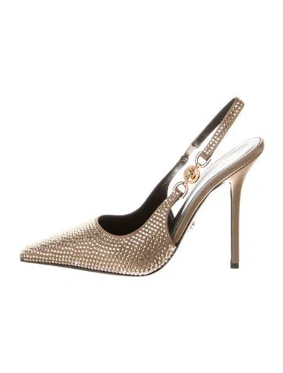 Pre-owned Versace Medusa Insignia Satin Slingback Pumps In Neutrals