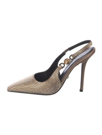 Pre-owned Versace Medusa Insignia Satin Slingback Pumps In Neutrals