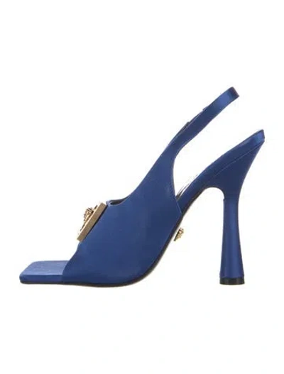 Pre-owned Versace Medusa Insignia Satin Slingback Sandals In Blue