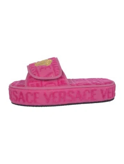 Pre-owned Versace Medusa Insignia Terry Cloth Slides In Pink