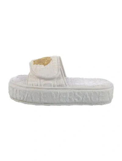 Pre-owned Versace Medusa Insignia Terry Cloth Slides In White
