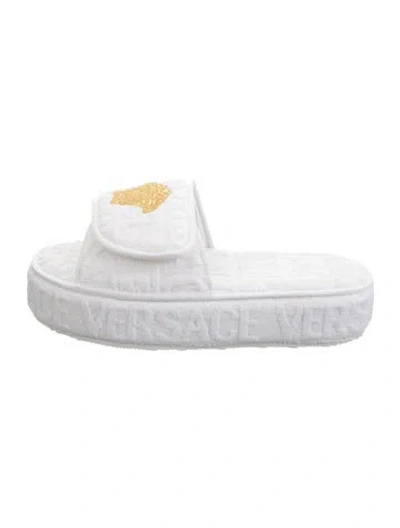Pre-owned Versace Medusa Insignia Terry Cloth Slides In White