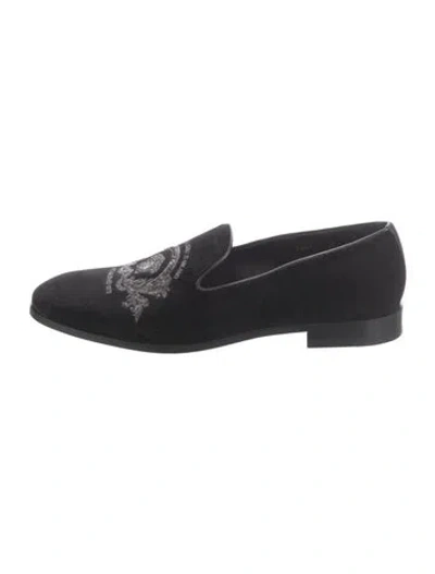 Pre-owned Versace Medusa Insignia Velvet Loafers In Black