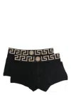 Versace Stretch Cotton Boxer Shorts With Greek Motif In Black Gold