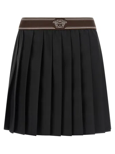 Versace Pleated Wool-mohair With Medusa Embellishment Skirt In Black