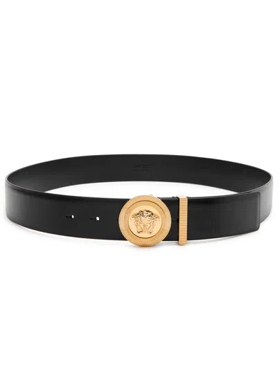 Versace Medusa Streamlined Leather Belt With Adjustable Length And Gold-tone Buckle In Black