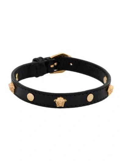 Pre-owned Versace Medusa Leather Bracelet In Black