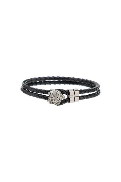 Versace Medusa Braided Leather Bracelet In Black