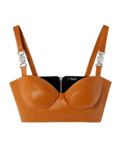Versace Medusa Leather Bralette In Brown