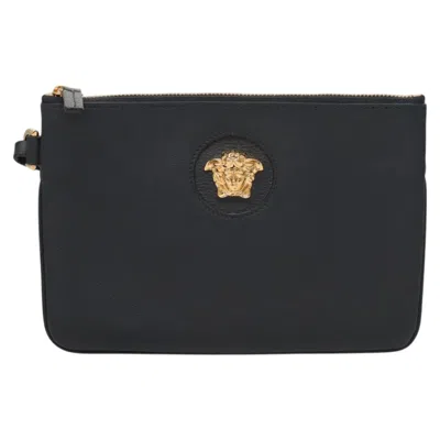 Pre-owned Versace Medusa Leather Clutch Bag () In Black