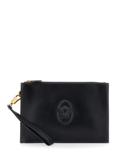 Versace Medusa Leather Mini Clutch Bag With Removable Wrist Strap (28.5x20x8 Cm) In Black