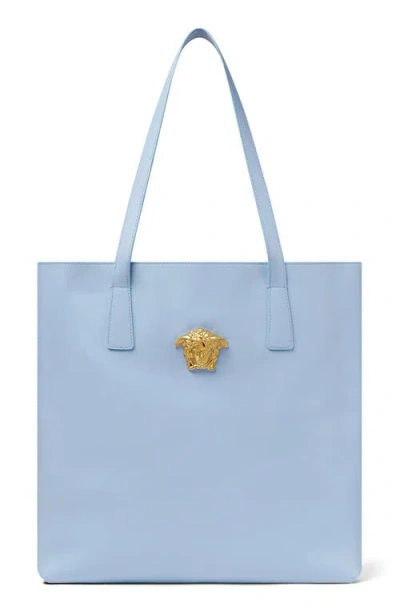 Versace Medusa Leather Tote Bag In Powder Blue- Gold