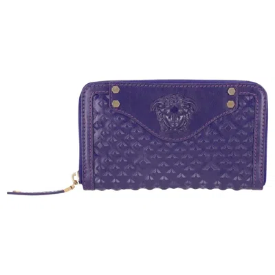 Pre-owned Versace Medusa Leather Wallet In Purple