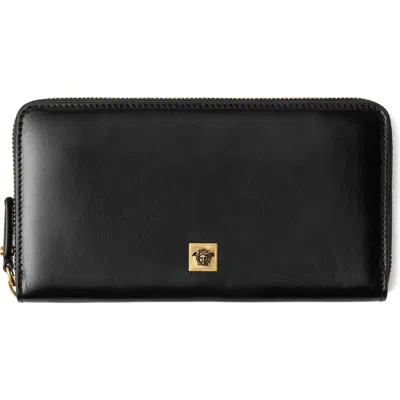 Versace Medusa Leather Zip Around Wallet In Black-gold