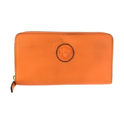 Versace Medusa Leather Zip-around Wallet In Orange