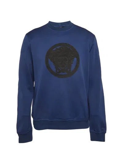 Pre-owned Versace Medusa Leather-trim Sweatshirt In Blue