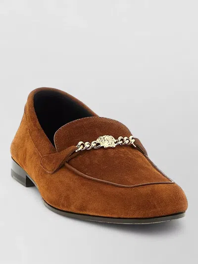 Versace Medusa Loafers Round Toe Chain Detail In Brown